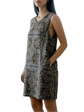 J.Jill Paisley Crewneck Cotton Blend Sleeveless Shift Dress Blue Beige Medium